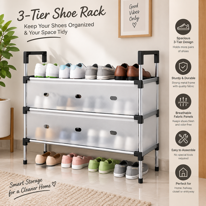 3-Tier Shoe Rack Organizer – Space-Saving Multipurpose Footwear Storage Stand