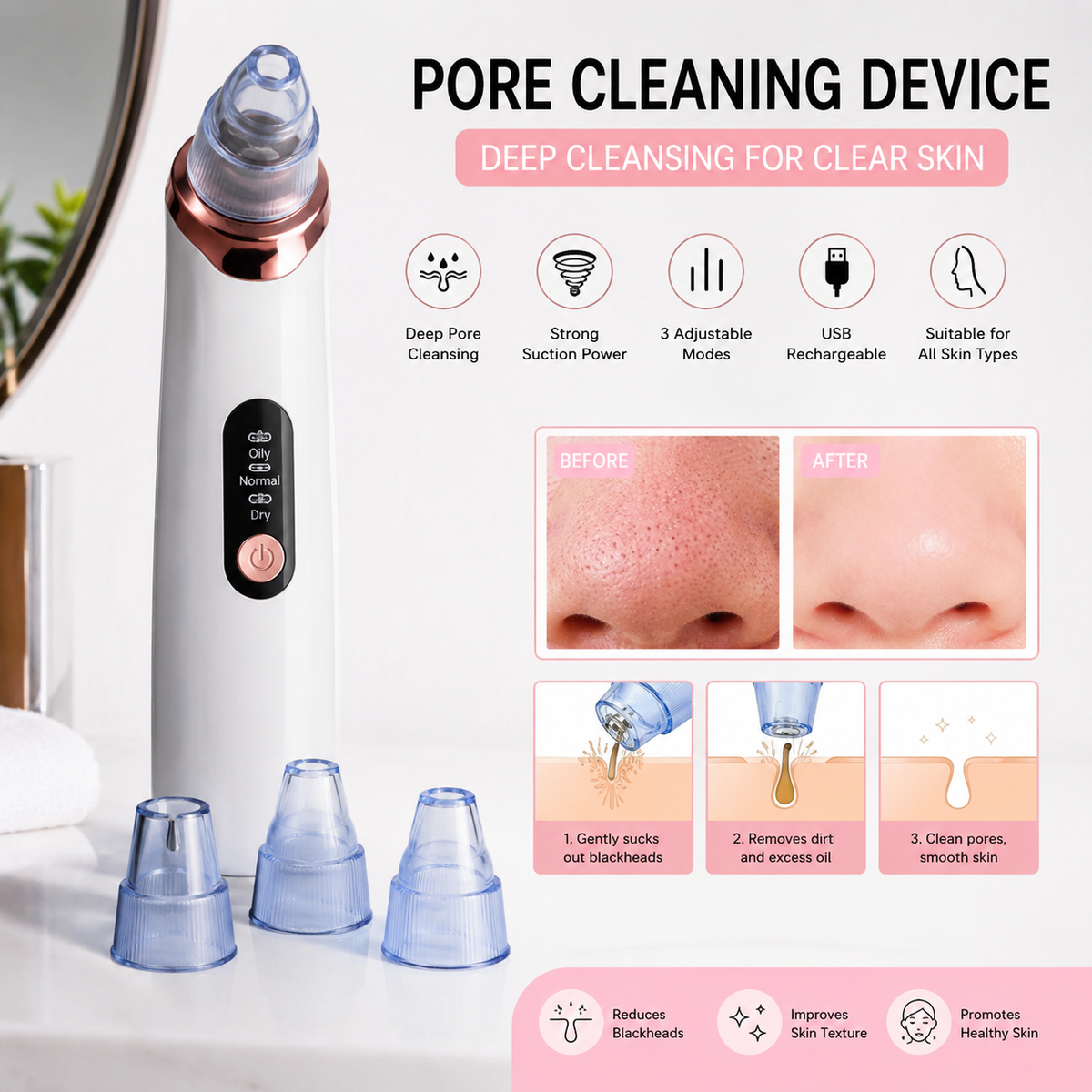 Deep Pore Cleaning Device – 3-in-1 Facial Pore Cleaner & Blackhead Remover